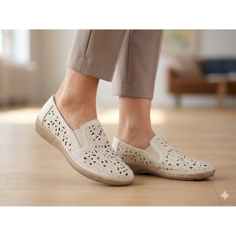 Spring Step Nifone White Leather Laser Cut Woven Slip On Loafers Shoes Womens 39